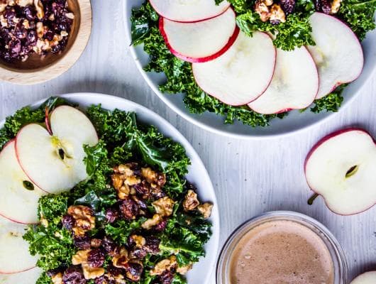 AUTUMN KALE SALAD WITH WARM APPLE CINNAMON BALSAMIC + CRANBERRY WALNUT CLUSTERS