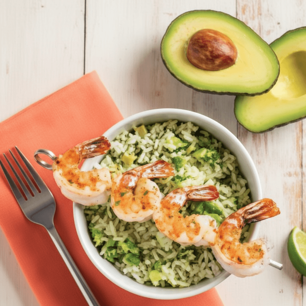 Avocado Lime Rice with Grilled Shrimp