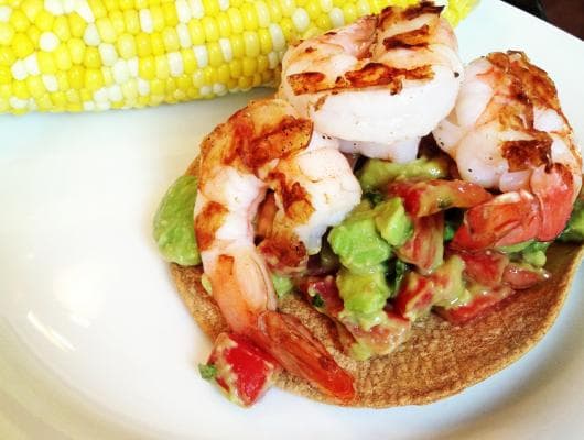 Avocado & Tomato Salad Topped with Grilled Shrimp
