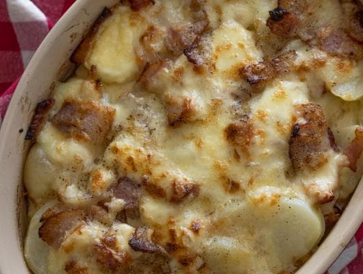 Bacon, Onion, Raclette Potato Gratin