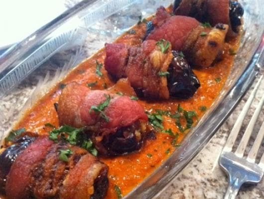Bacon Wrapped Dates with Manchego, Romesco Sauce