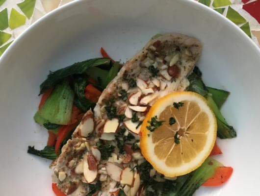 Baked Almond-Crusted Cod With Sauteed Bok Choy and Bell Peppers