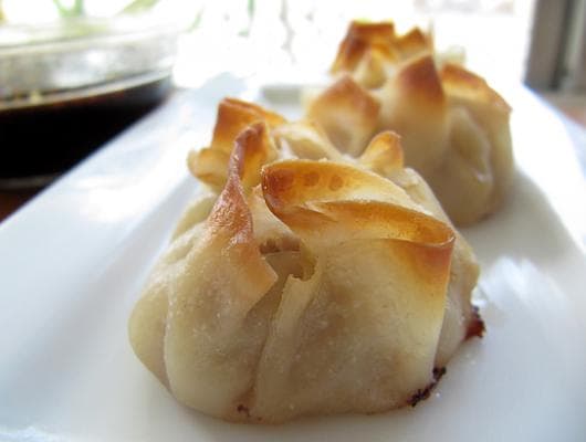 Baked Pork Flower Dumplings with Soy Ginger Dipping Sauce