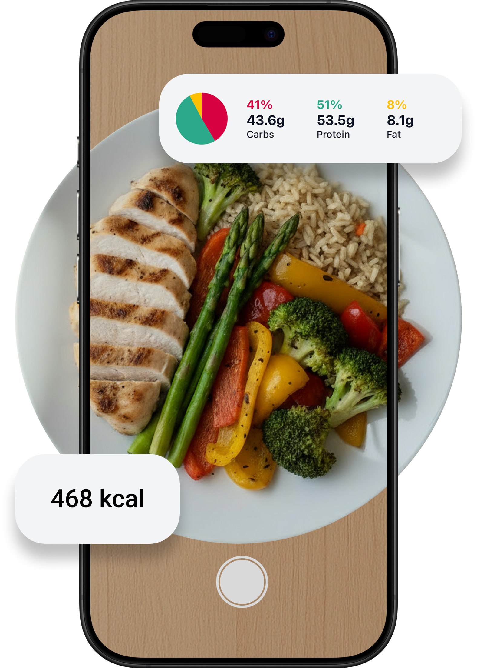 Smartphone app screen showing AI-driven food nutrient analysis with breakdown of calories, macros, and vitamins